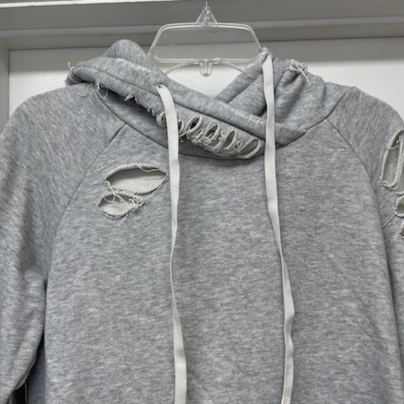 Alo Gray Distressed Hooded Sweatshirt Pullover Top - Picture 3 of 9